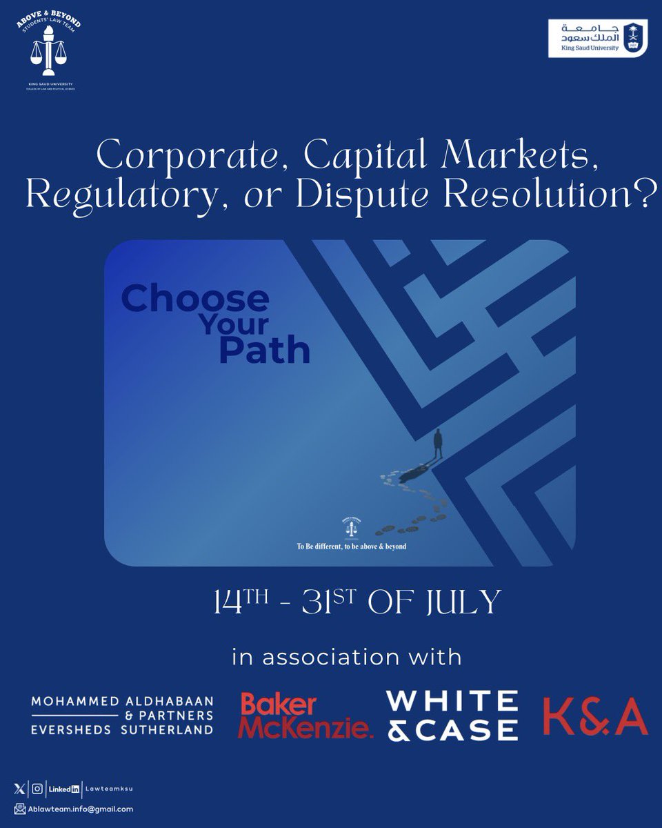 LawTeamKSU's tweet photo. Halfway through Choose Your Path! ⚖️

Throughout July, students are exploring four legal practice area - Corporate, Capital Markets, Dispute Resolution, and Regulatory - through workshops led by our partner firms.

 Thank you to all our participating firms for their support. https://t.co/xodW6x7N6r