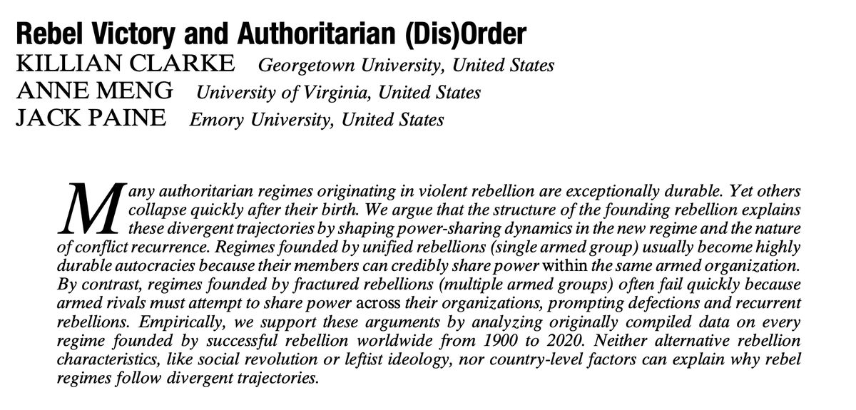 annemeng_'s tweet photo. 🚨 New in APSR! 🚨How do the origins of authoritarian regimes shape their subsequent trajectories? @kbclarke @jackpaine_prof and I are excited to share "Rebel Victory and Authoritarian (Dis)Order" /1 https://t.co/ht4oRFVO0x