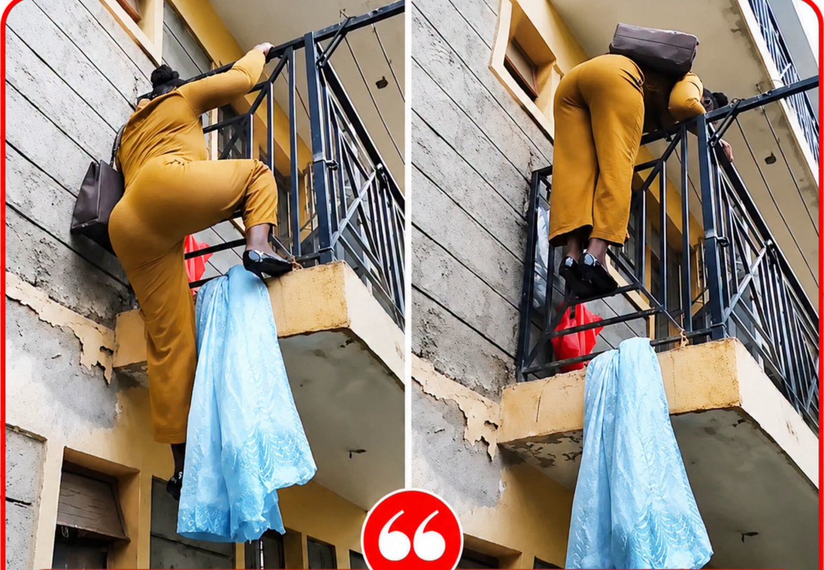 kijana_misa's tweet photo. A mother has gone viral for climbing over her balcony every morning to get to work. She says her landlord locked the main door because she had not paid her rent, leaving her with no other way out.

Many people admire her determination to provide for her children while others are questioning the safety and legality of the landlord's actions.