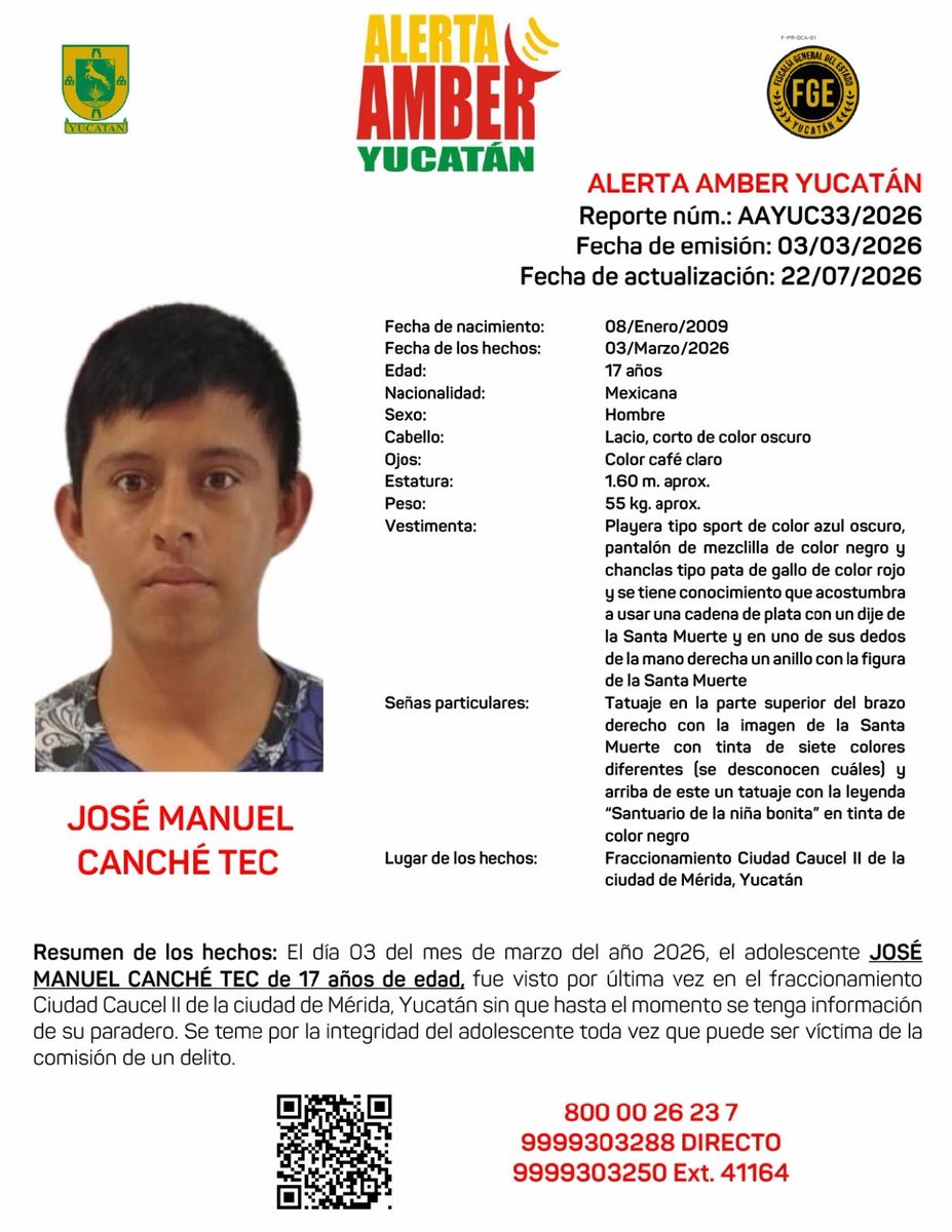 AAMBER_yucatan's tweet photo. #AAYUC Informa de la ACTUALIZACIÓN de la cédula de la ALERTA AMBER Estatal para continuar con la búsqueda y localización del adolescente JOSÉ MANUEL CANCHÉ TEC de 17 años de edad, por lo que se comparte de nueva cuenta para su atención y difusión.   @fgeyucatan https://t.co/lrx2cAm9Jq