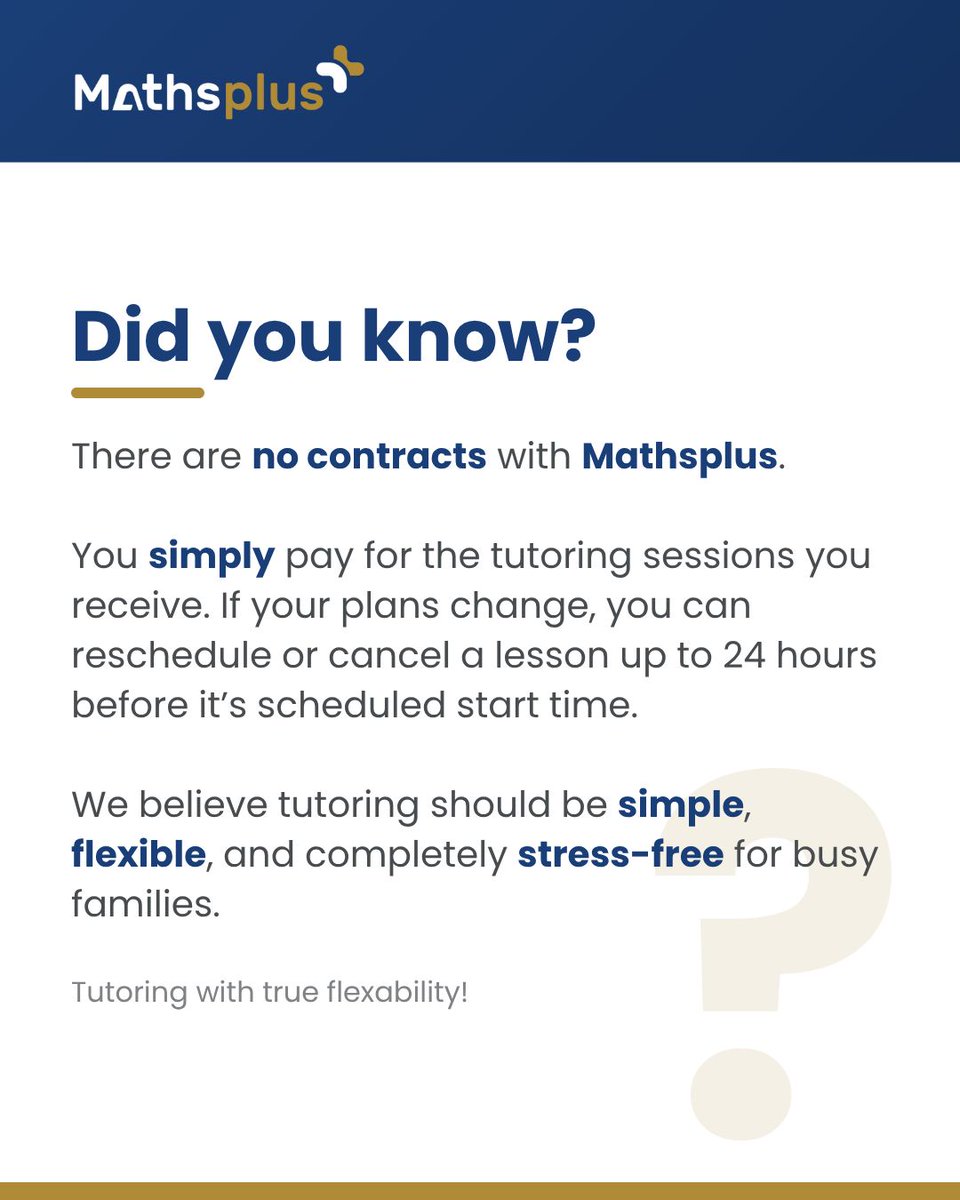 MathsplusUK's tweet photo. Busy schedules? We understand.

With Mathsplus, there are no contracts and you can reschedule or cancel your lesson with just 24 hours' notice. Because great maths tutoring should fit around your family's life—not the other way around.

Let's talk - https://t.co/FDxH62rKJP https://t.co/GG6ZYq5aIP