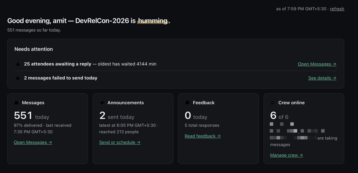 amit's tweet photo. Missing @devrelcon in NYC this year and it's weird not being there! 😭

But not gonna lie, I'm still SO happy watching from afar.

Eventmate - the SMS tool I built for it,  is still out there doing its thing, three years running now! 🎉

Attendees just text in questions or feedback, crew can reply privately or blast the whole crowd an announcement - no app, no login, just texting.

And it's been so great seeing all the messages flow in and out through the new dashboard I built - so many familiar names in there, friends I know from the community.

Keeping watch on the whole thing even while I'm halfway around the world has genuinely made my day!

And a big congrats to the @MLHacks  crew for putting on yet another grand slam of a show 👏