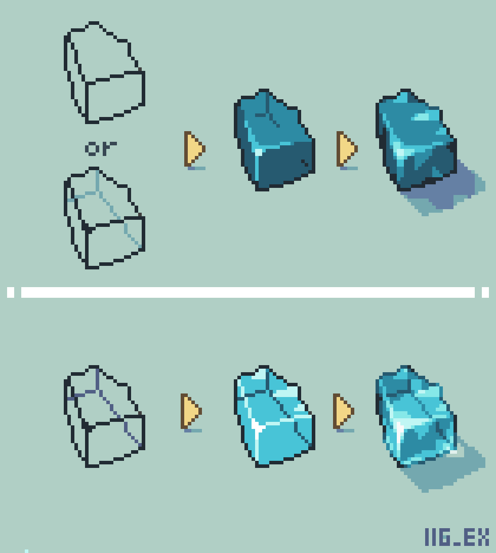 HG_EX's tweet photo. ■ドット絵の見えない部分の線画話
:色違い加筆版
見えない部分の線画を出来る範囲で描くと、奥行きや厚み等を認識しやすくなります。（破砕も描きやすく！）
質感ごとに影の表現も変えるとちと凝った感じが出せます！
でもやりすぎには注意。。
#ドット絵 #pixelart https://t.co/FFLrBslwGy