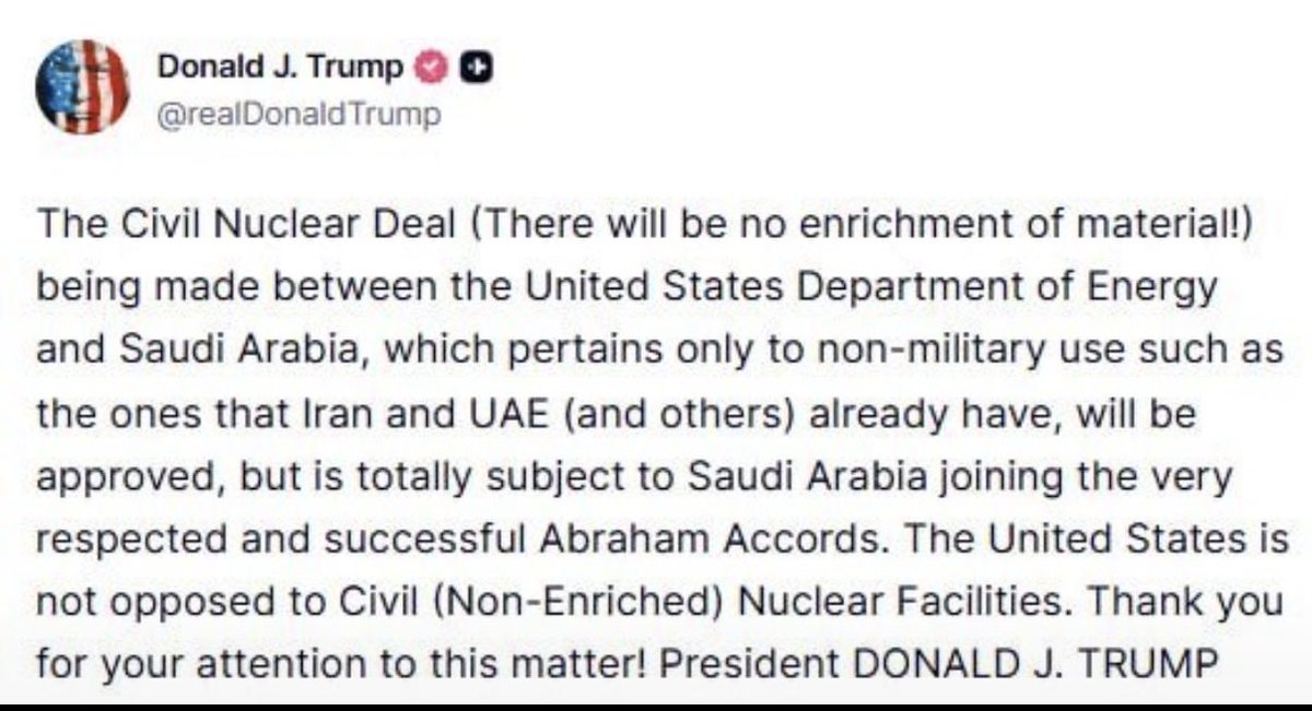 MaxBoot's tweet photo. The US-Saudi agreement was signed yesterday without the Saudis joining the Abraham Accord and with permission for them to enrich uranium. Is Trump abrogating the deal after less than a day? Or is this just another meaningless social media post that is detached from reality? 🤔 https://t.co/HSNTPhqOiZ