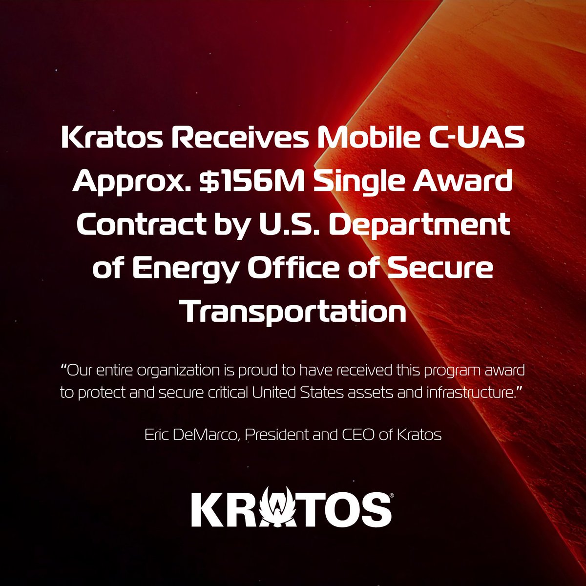 KratosDefense's tweet photo. A major step forward in protecting America’s critical national security missions. 

Kratos has been awarded an approximate $156M sole-source contract by the U.S. Department of @ENERGY's NNSA Office of Secure Transportation for Project Solar Shield, a new mobile Counter‑Unmanned Aircraft System capability designed to safeguard critical national security operations.

This program brings together Kratos’ integrated C‑UAS technologies, mobile platform design, command‑and‑control and resilient power management into a single mission-ready solution built for evolving threats.

Full press release: https://t.co/C373BD0qxd