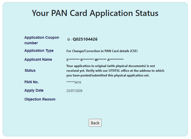 hey_nikl's tweet photo. Hello @UTIPANServices and @ProteanEgovTech Team(s),

Today, I've submitted an application (U-Q025104426) for changes in PAN data (email and phone number). Since it is for our Society that I am authorized to represent, and going by the status below, only physical copies of documents are allowed for processing it further, correct? Please let me know otherwise.

Where do I need to post/courier the documents to? Apart from those listed in the application, are there any additional documents (personal or otherwise) you need to ensure seamless processing? Kindly let me know. Thanks in advance.