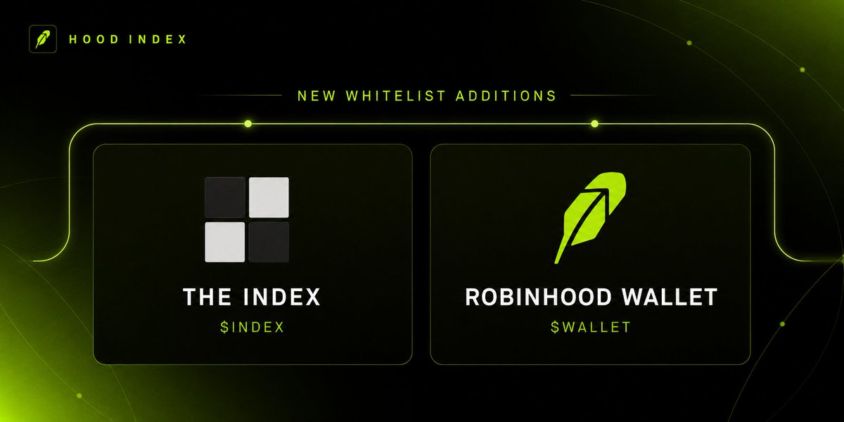 TheHoodIndex's tweet photo. Two new projects have been added to the Hood Index whitelist:

• The Index, $INDEX
• Robinhood Wallet, $WALLET

Both are now eligible to be selected for future reward baskets and distributed to $HI holders.

We have also made a minor change: moving forward, $HI will always be included as one of the selected tokens in every epoch.