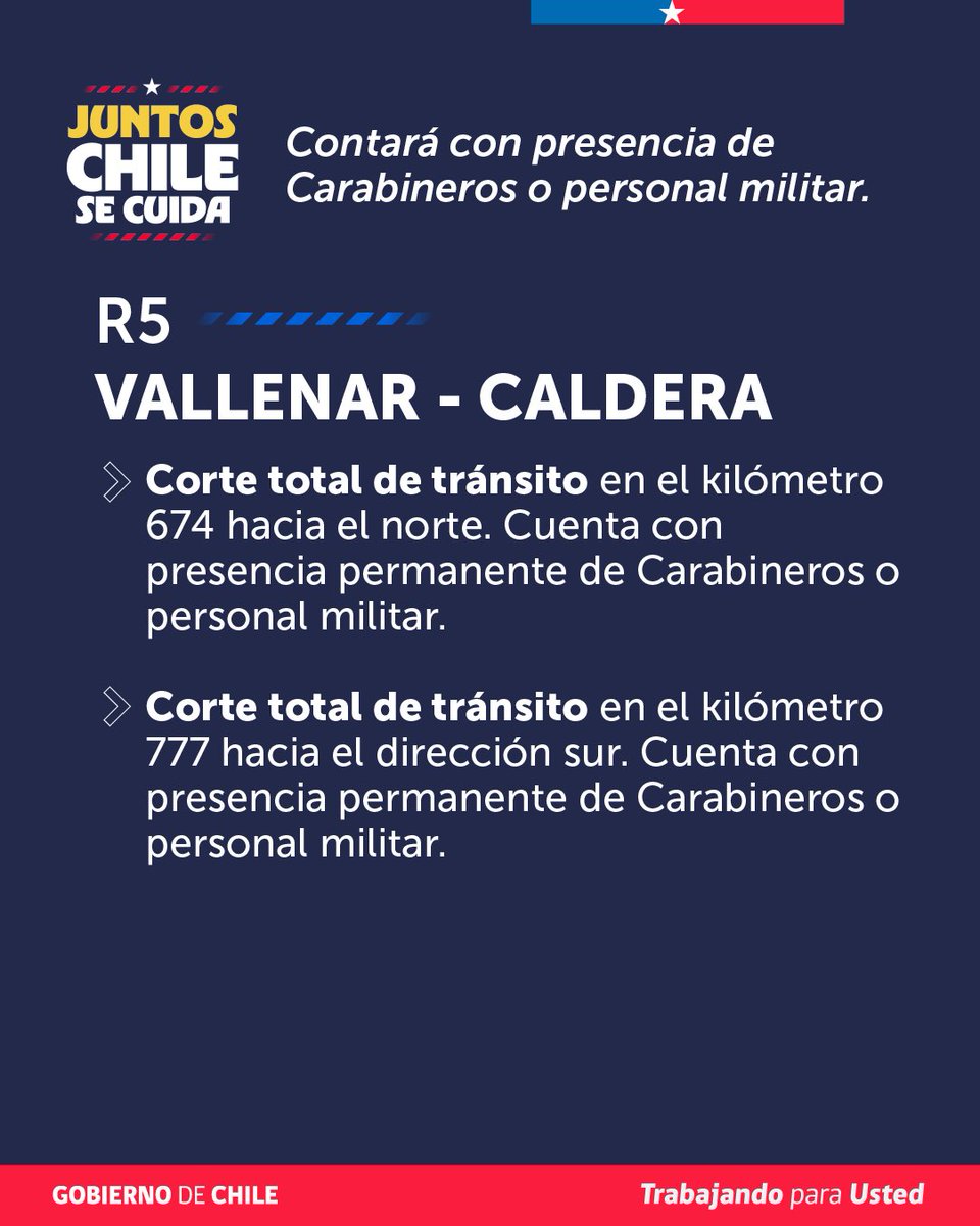 MOP_Atacama's tweet photo. ⚠️🚧 𝐏𝐋𝐀𝐍 𝐃𝐄 𝐓𝐑𝐀́𝐍𝐒𝐈𝐓𝐎 𝐃𝐄 𝐄𝐌𝐄𝐑𝐆𝐄𝐍𝐂𝐈𝐀  - 𝐑𝐔𝐓𝐀 𝟓 𝐍𝐎𝐑𝐓𝐄

👷‍♀️☝🏻Camiones de suministro ya están trasladándose a puntos que se encontraban aislados tras los cortes entre La Serena - Vallenar, y Vallenar - Caldera.

☝🏻Las regiones de Coquimbo y Atacama retoman de manera progresiva su conexión vial, priorizando el tránsito exclusivo para llegar con los suministros básicos, que se vieron gravemente afectados tras el sistema frontal.

☝🏻Los convoyes habilitados están integrados por hasta 100 vehículos, y cuentan con la presencia de Carabineros o personal militar para escoltar el inicio y fin del tránsito, además de resguardar su seguridad.

#JuntosChileSeCuida #Atacama #MOPATACAMA