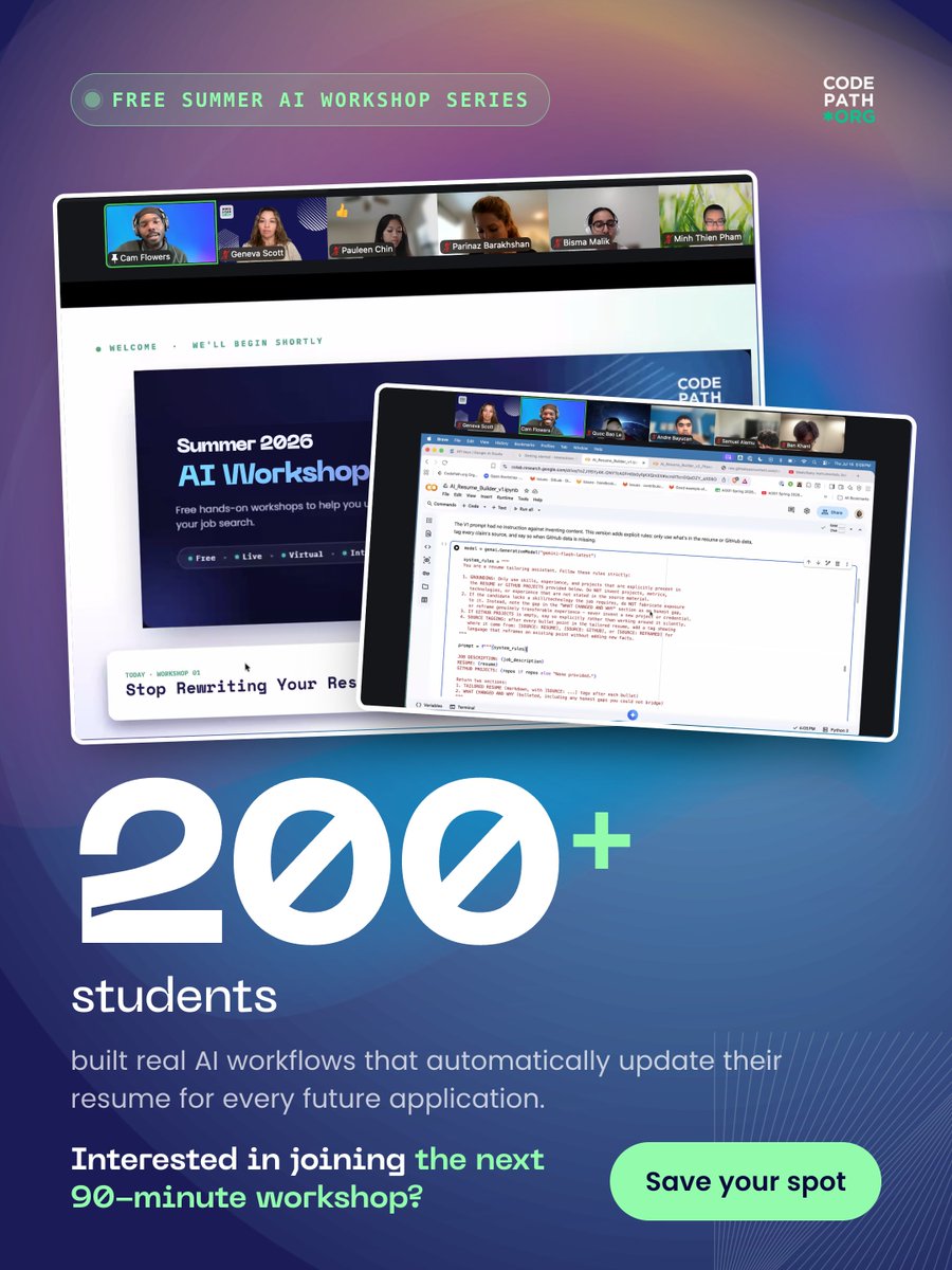codepath's tweet photo. 200+ students joined us live to build an AI resume tool. 

One prompt, no rules. They diagnosed the failures, rebuilt it with grounding rules, then open-sourced it. By the end of the day, it had picked up 28 stars, 64 forks, and 4 PRs.

In 90 minutes, these students got a crash course in the same skills behind CodePath's Applied AI Engineering curriculum.

Don’t miss the next workshop.

🗓️Aug 19: Build an Agent That Finds Jobs for You.

Register: https://t.co/DnxjsNWiVI