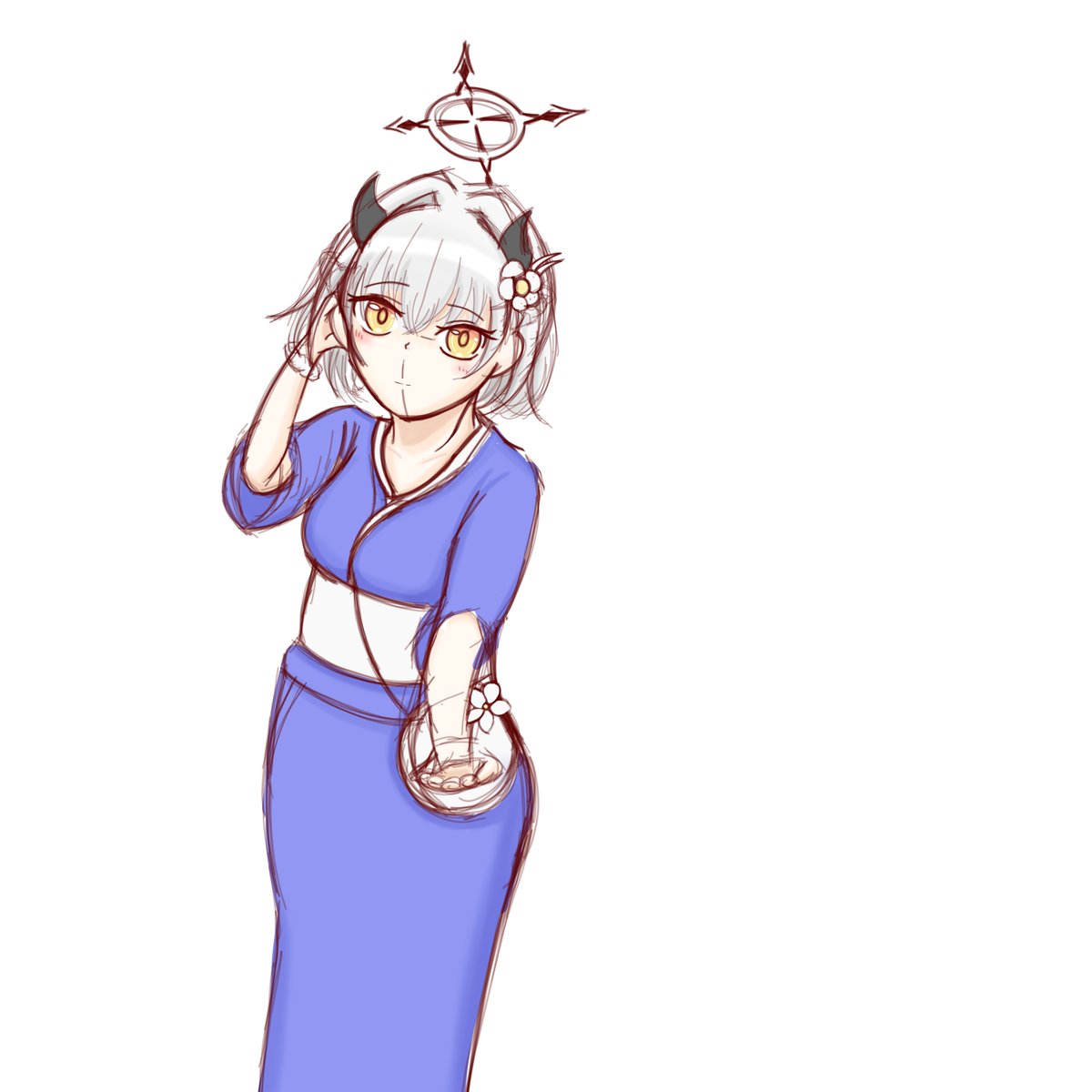 butamaru_000's tweet photo. とりあえず雑描き
セナ（浴衣）
デザイン浮かばなかったので、デフォルト絵の青と私服の白、ポーチや髪飾り、シュシュを付けました。
浴衣に花模様とかあっても良かったかも… https://t.co/yJ8qhG6QMi