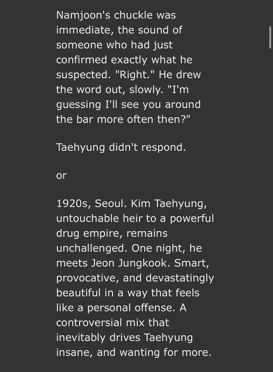 vmonstrouscock's tweet photo. 𓈈 vk recommendation 𓈈   

˒˒ 1920s 
˒˒ crime boss kim taehyung  
˒˒ waiter jeon jungkook 
˒˒ strangers to lovers 
˒˒ INSANE sexual tension (and theres only two chapters so far)
˒˒ betrayal and revenge 👀
˒˒ ongoing, 9,7k

https://t.co/8gADIwlIts https://t.co/ufEOpIZE5p