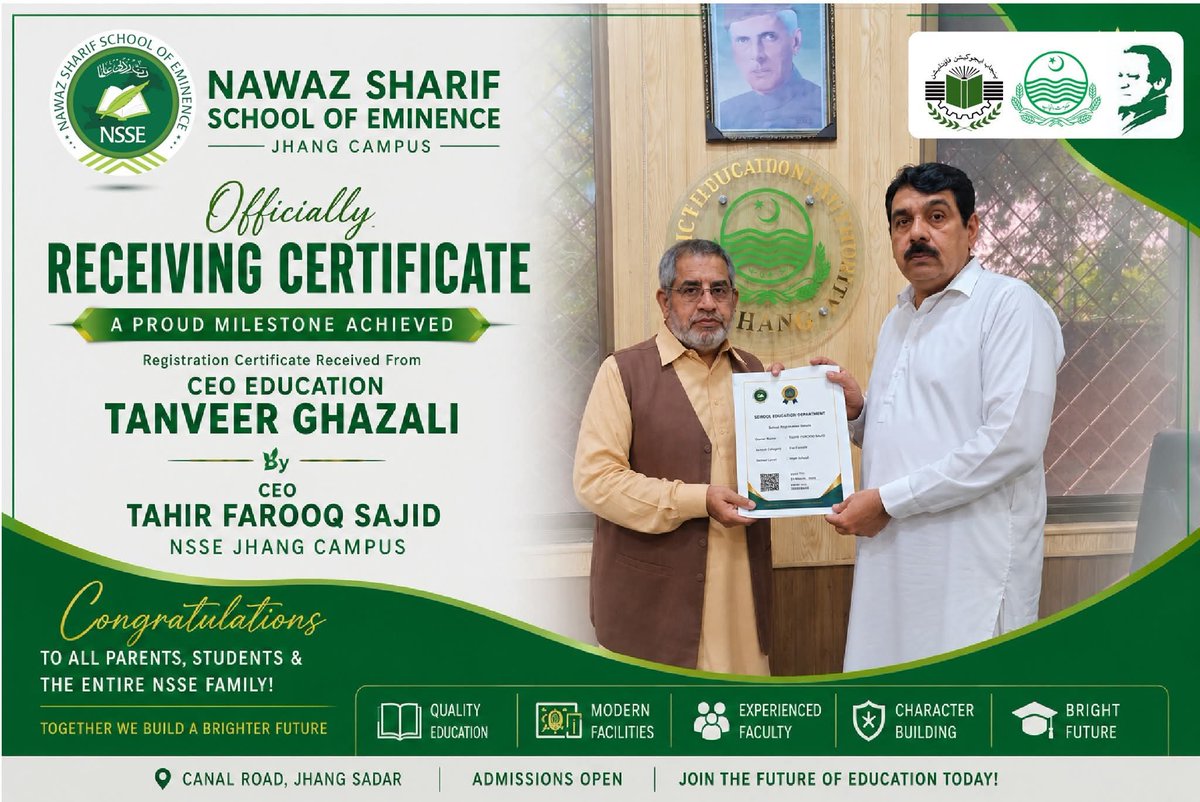 NSSEJhang91's tweet photo. 🎉 Alhamdulillah! A Proud Moment for NSSE Jhang Campus 🎉

We are delighted to announce that NSSE Jhang Campus has officially received its Registration Certificate from the Chief Executive Officer (Education), Mr. Tanveer Ghazali.
@MaryamNSharif @RanaSikandarH @PEFPUNJAB https://t.co/1XcUh1hMDL