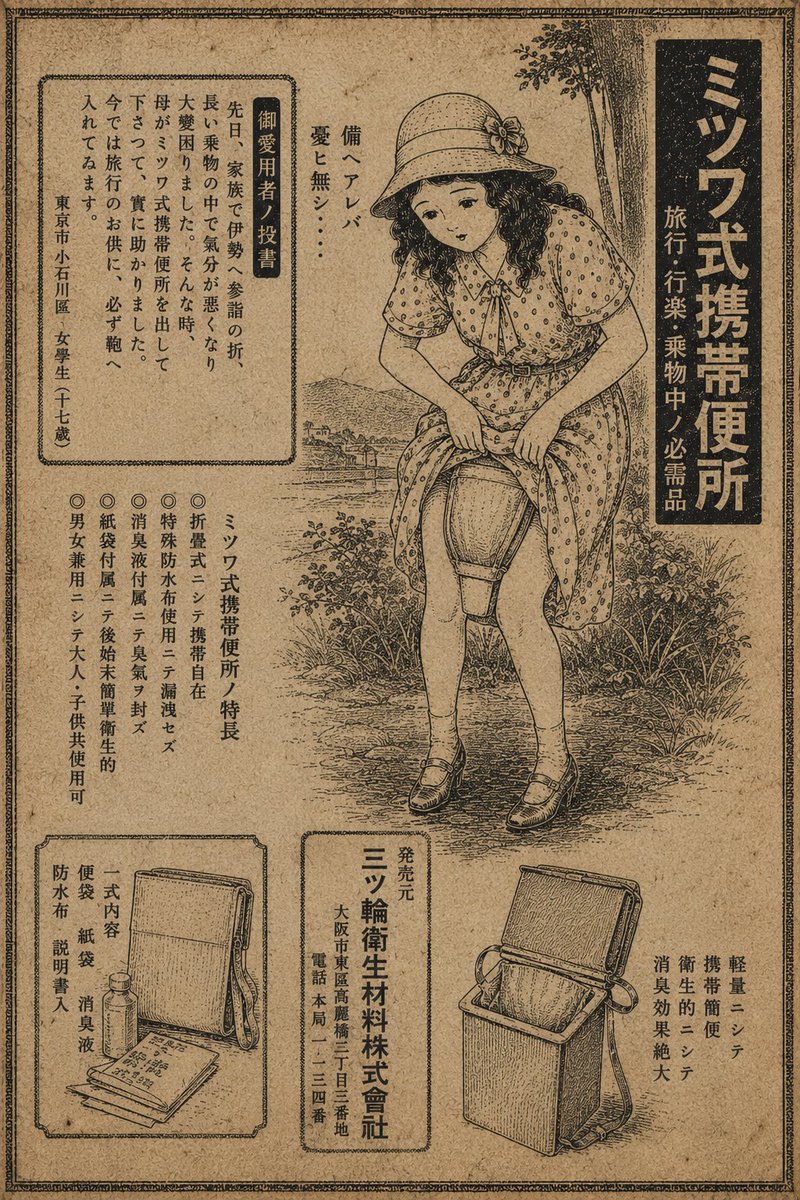zzzstrike's tweet photo. 戦前、昭和10年頃の新聞広告より。
当時、夜尿や粗相の癖があった女学生たちの必需品ですね。 https://t.co/ck7S9okEKX