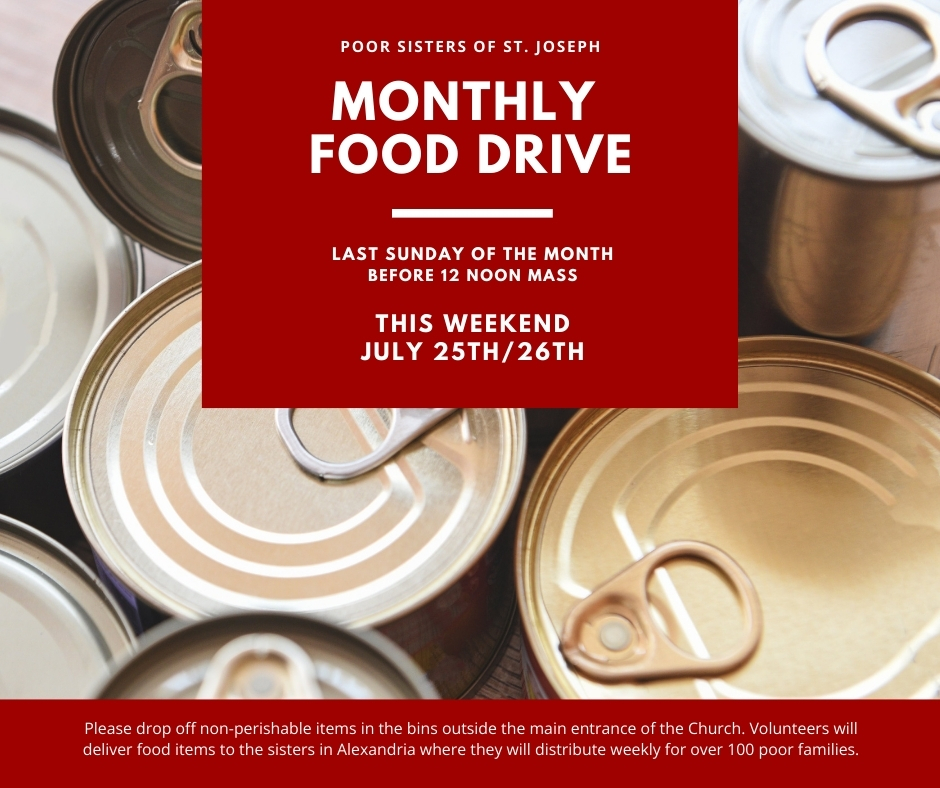 hs_annandale's tweet photo. Reminder that our monthly food drive for the Poor Sisters of St. Joseph in Alexandria is this weekend! Dropoff non-perishable donation items in the bins outside the main entrance of the Church before the 12 PM Noon Mass this Sunday. https://t.co/NNHbpdwlz9