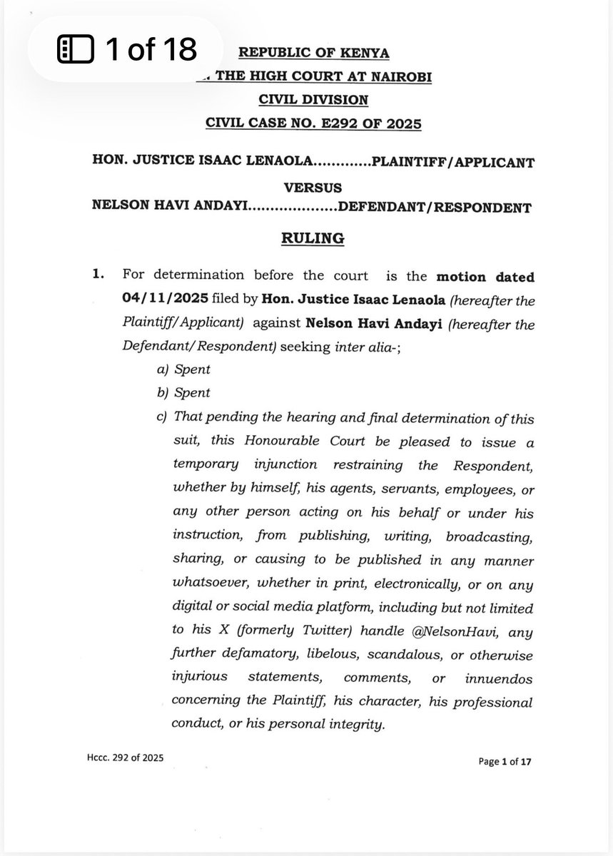 NelsonHavi's tweet photo. Isaac Lenaola v Nelson Havi was heard last week and determined today. Excellent efficiency. On the other hand, in the matter of estate of John Keen and Issac Lenaola v JSC and Nelson Havi are crawling. It is improbable that one can get a fair hearing before a Judge, in a case where a Judge is litigant. We are not fools!