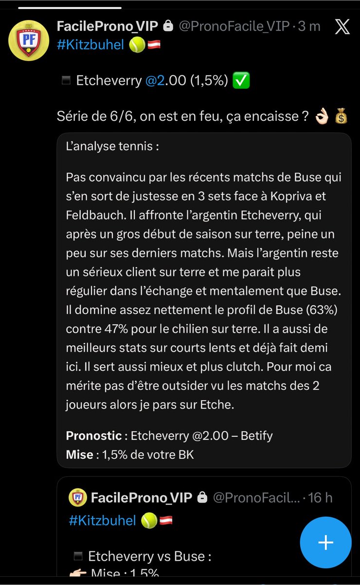 FacileProno's tweet photo. Encore un Perfect dans le ViP avec Etcheverry ✅

En feu complet cette semaine 🔥

Accès gratuit via parrainage Betify… ou à partir de 13,99€/mois ici : https://t.co/yXM6X9Fh57 https://t.co/rT4dRfINd8