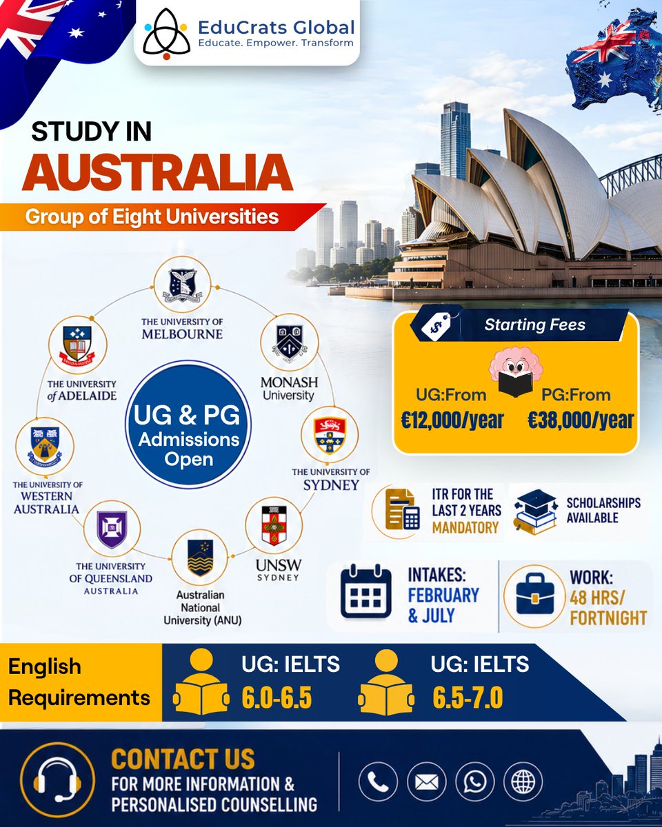educratsglobal's tweet photo. 🇦🇺 Study in Australia's Group of Eight (Go8) Universities
Contact EduCrats Global – Study Abroad Consultants in Lucknow for expert guidance on university selection, applications, scholarships, and student visas.
.
.
.
.
#StudyInAustralia #Go8 #GroupOfEight #AustraliaEducation https://t.co/2Ezmfo1pkZ