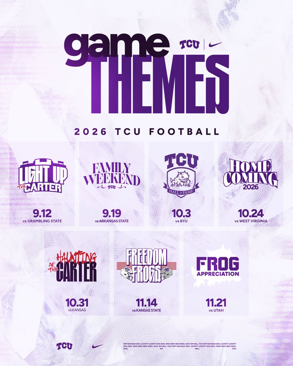 TCU_Athletics's tweet photo. seven 𝘤𝘢𝘯'𝘵 𝘮𝘪𝘴𝘴 home games this season! 

single game🎟️https://t.co/RmhfWEbM7q 

#GoFrogs https://t.co/b6FAGkWPkJ