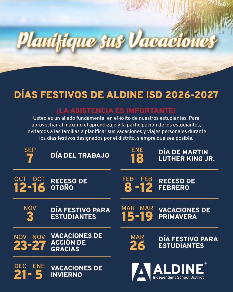 AldineISD's tweet photo. 📅 2026-2027 Aldine ISD Holidays Are Here! ✏️

A great school year starts with showing up—and attendance matters!

Our families are one of the biggest keys to student success. Every day in the classroom is an opportunity to learn, grow and build lasting connections. That's why we encourage families to plan vacations and personal travel during designated Aldine ISD holidays whenever possible.

When students are in school, they don't just keep up—they thrive.

Thank you for partnering with us to make the 2026-2027 school year our best one yet. Together, we can help every student reach their full potential!