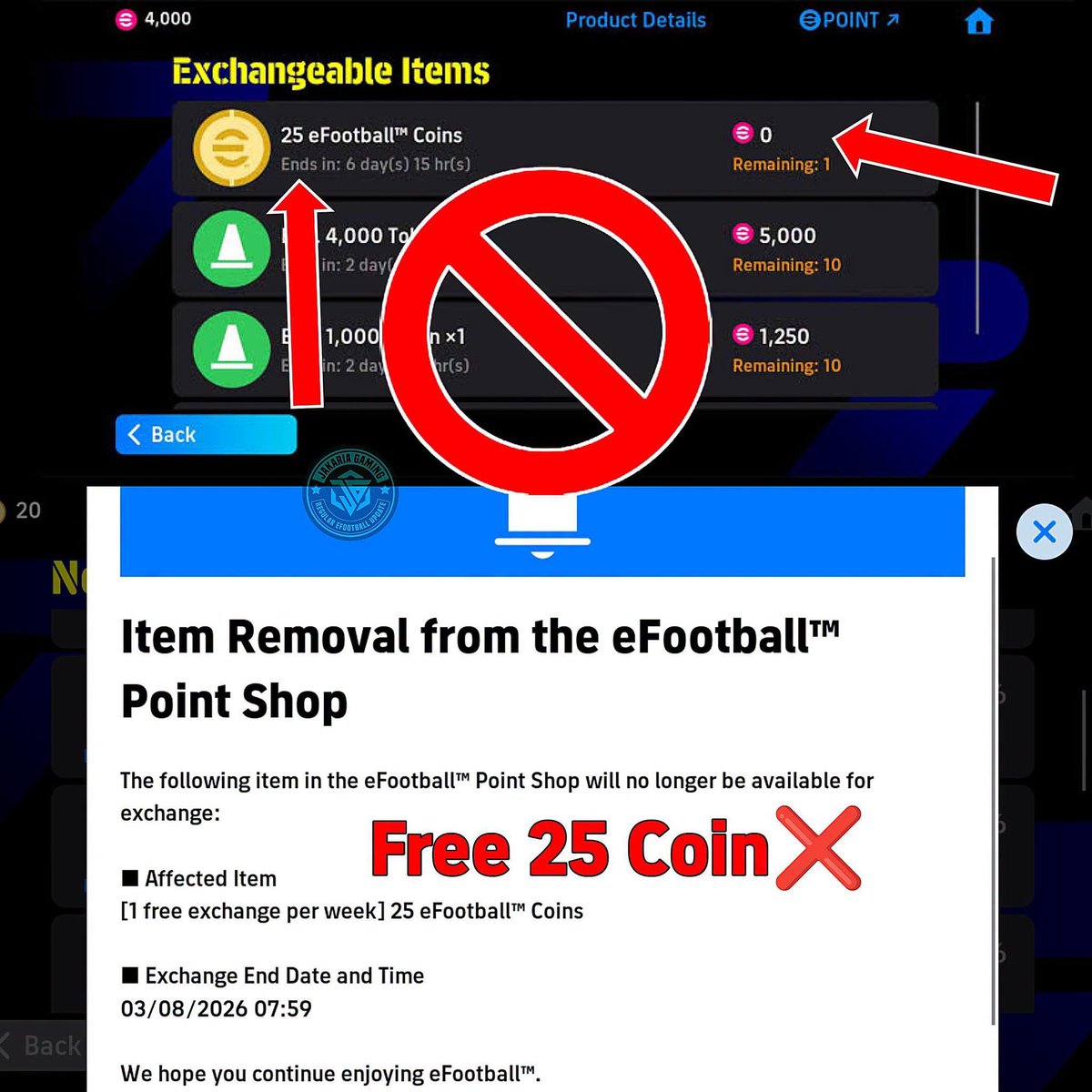 gamingwithjb1's tweet photo. 🚨𝐎𝐅𝐅𝐈𝐂𝐈𝐀𝐋: Starting August 3, KONAMI will discontinue the weekly Free 25 eFootball Coins exchange from the eFootball Points Store for players in the Japan region.

💰Through this feature, a player could earn up to 1,300 free efootball coins per year.
.
#efootball https://t.co/6cubmWx3SQ