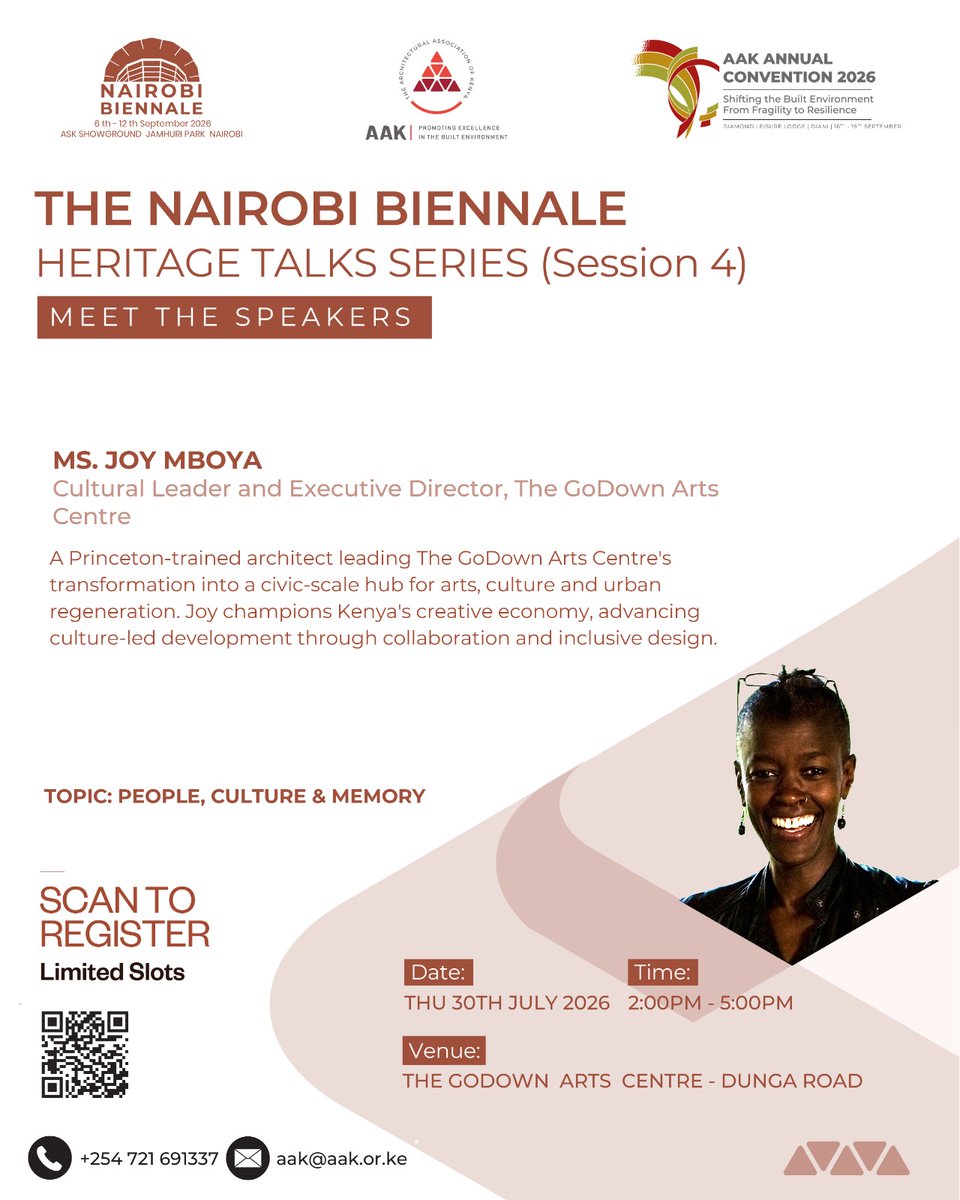 Arch_KE's tweet photo. This is a speaker line up you want to hear from!

• Prof. Arch. Hitesh Mehta – Sacred & Cultural Landscapes
• L. Arch. Allan Obatsa – Urban Heritage, Sense of Place & Conserving Historic Townscapes
• Ms. Joy Mboya – Cultural Infrastructure & Creative Spaces in African Cities
Moderated by  L.Arch Brenda Waruinu
Join us for the fourth session of the Nairobi Biennale Heritage Talk Series , themed "People, Culture and Memory".
📅 Thursday, 30 July 2026
🕑 2:00 PM
📍 The GoDown Arts Centre, Dunga Road

Register here (Link in Bio): https://t.co/Yxe4DLJGFH