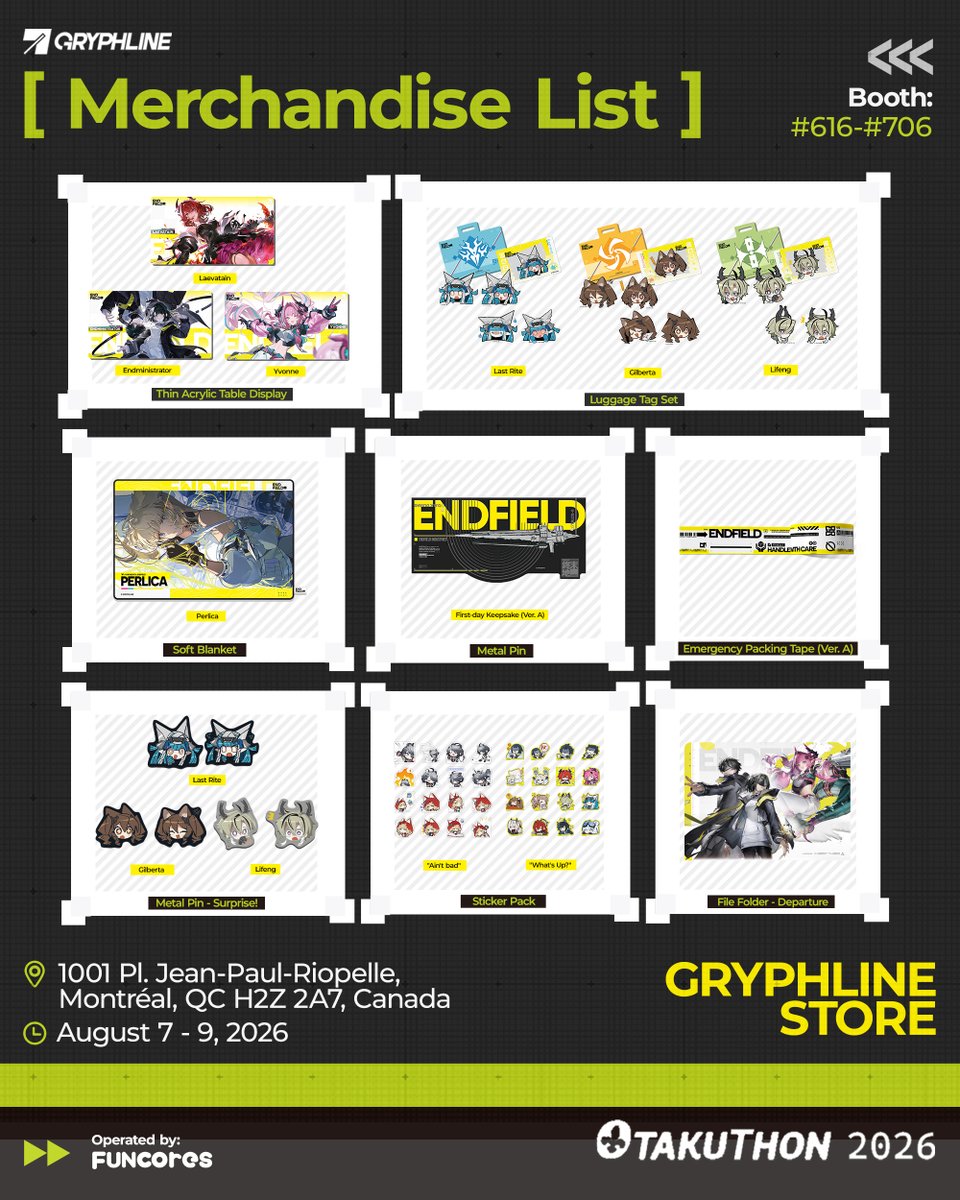 FuncoresWorld's tweet photo. Gryphline Store, exploitée par Funcores, débarque à l'OTAKUTHON avec des produits dérivés officiels d'Arknights: Endfield !
C'est notre toute première participation au Canada !

📍 Stand : 616-618 &amp; 704-706
📅 Dates : 7–9 août 2026

Nous vous attendons nombreux ! ✨
@GLStore_EN https://t.co/XvxXB0VQvE
