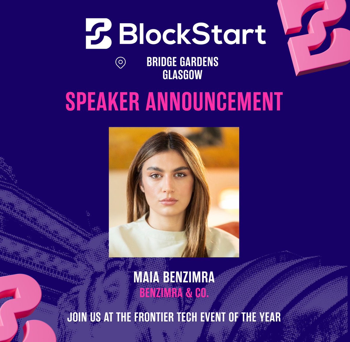 BlockStartScot's tweet photo. We're delighted to announce that @mf_benzimra, Co-Founder & CEO of Benzimra & Co., will be joining us at BlockStart on 25th September at Bridge Gardens, Glasgow.

With 13 years of experience in marketing and 9 years in on-chain finance, Maia has built a reputation as a trusted advisor to founders and institutions navigating the rapidly evolving digital asset landscape. Through Benzimra & Co., she has helped deliver multi-million-dollar outcomes across emerging technologies and is a recognised international speaker on blockchain and digital assets.

At BlockStart, Maia will moderate our panel, "From Trading Tool to Financial Infrastructure: The Evolution of Stablecoins," bringing together leading industry experts to explore how stablecoins are transforming payments, capital markets, and the future of global finance.

With attendance for the daytime event strictly limited to just 100 people, BlockStart offers a unique opportunity to hear directly from some of the industry's leading voices in an intimate setting designed for meaningful discussion and networking.

Tickets are on sale now: https://t.co/l0rzYkChhH

#BlockStartScot #ScotlandIsTheAlpha