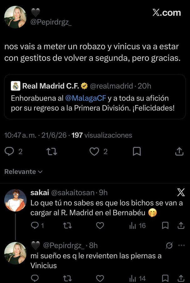 DanikRM_'s tweet photo. Para ponerlo en contexto: Vinicius Jr. jamás se ha enfrentado al Málaga y ya hay aficionados de ese mismo equipo que, literalmente, desean que le partan las piernas. Esto es muy triste. https://t.co/IdoUwI9PzX