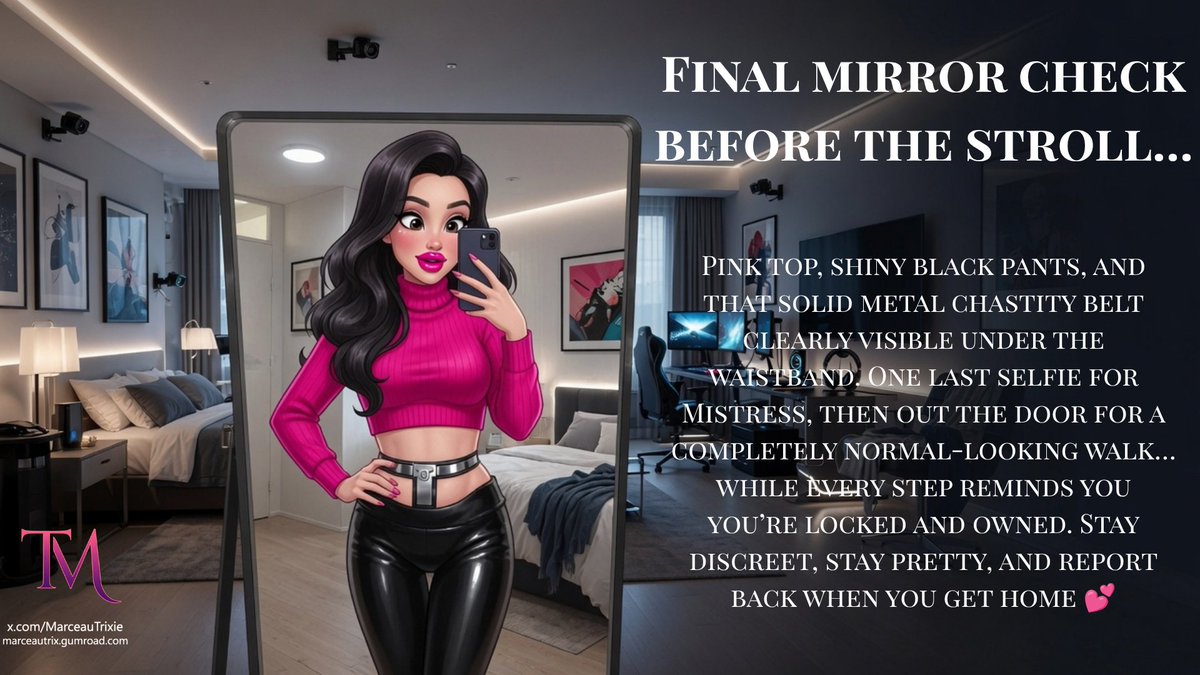 MarceauTrixie's tweet photo. Mirror #selfie locked and ready… #chastity belt on full display under the clothes before a public walk. Looking normal to everyone else, completely owned underneath. This is the quiet thrill that keeps good #sissies addicted 💕 #BeltUnder #PublicWalk #FinalSelfie https://t.co/OsBArfjGXv
