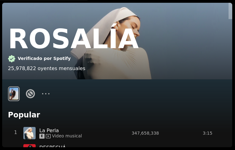 Pblar's tweet photo. @ChartMusicES los gallegos tratando de sacar igual de bote que se hunde 😂😂😂  ya le pedi a spotify que no me la recomiende a ROSALIA, porque esos números se inflan cuando los artistas pagan para ser reproducidos o aparecer en recomendados cuando ponés al azar. https://t.co/1kirtzTkQT