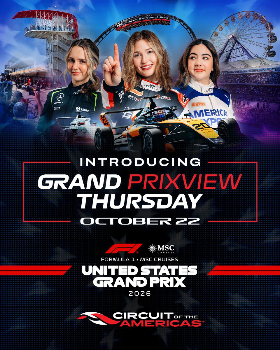 COTA's tweet photo. For the first time ever, we’re adding an extra day to #USGP weekend🤠🏁

Join us for the first-ever Grand PrixView Thursday featuring F1 ACADEMY on track and in the paddock, F1 Pit Lane Walk, fan villages, first access to the F1 Fan Zone, early merch shopping, and experience COTALAND before the weekend crowds arrive. Tickets start at just $20  ➡️ Link in Bio