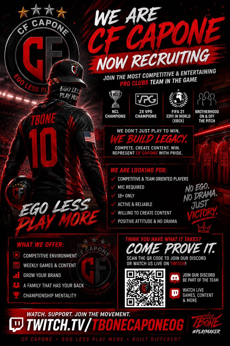 TBONECAPONEOG's tweet photo. Gearing up for the next EAFC!!!!! We want you! No egos needed just players wanting to be part of a complete team! Defenders talk to us! Live now link in bio! #cfcapone #twitch #clubs @EASPORTSFC https://t.co/1qAYqbfUex