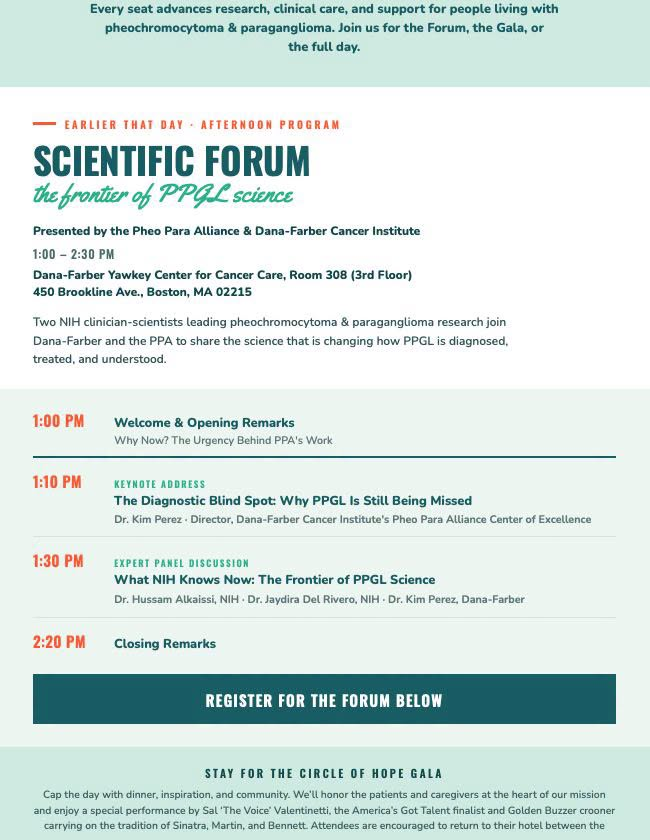 PheoPara's tweet photo. Join us @DanaFarber September 19, 2026, for a #pheo #paraganglioma #PPGL scientific forum. Then, help support PPA's mission by attending Circle of Hope gala that same evening.
Details 👉 https://t.co/p762VSFsvT https://t.co/4DmU2me0tJ