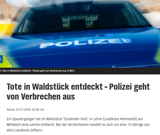 Taykra's tweet photo. #Lehre: Spaziergänger entdeckt Leiche im "Essehofer Holz". Die Polizei sucht Zeugen. Jedes Detail könne wichtig sein. Zudem suchen die Ermittler nach dem Fahrzeug der Seniorin. Es handelt sich um einen schwarzen VW Polo (Baujahr 2013) mit dem Kennzeichen GF-AH 964. https://t.co/e3jHqyCcM4