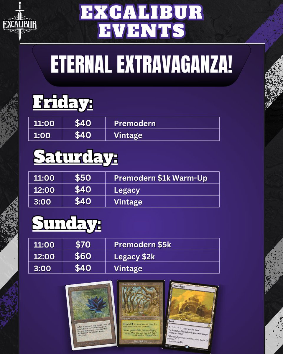 ExcaliburMTG's tweet photo. Excalibur Events Columbus starts tomorrow morning!
Check out the above schedule for #magicthegathering , #CEDH , #riftboundtcg , #sorcerytcg , and be sure to check out our amazing vendors and artists, all starting at 9am tomorrow!
Register below, or visit our registration stage tomorrow to get signed up to battle!
https://t.co/0PEqnD2gm7