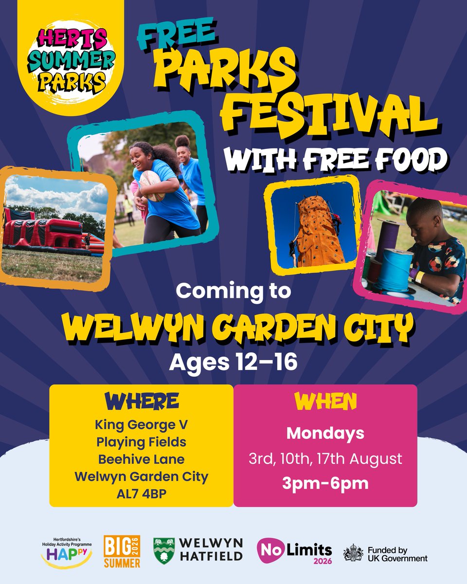 WelHatCouncil's tweet photo. ☀️ Join us for Herts Summer Parks - FREE festival-style park events for teens aged 12–16!
⚽ 3 weeks of activities, with access to a free nutritious meal at every session. 

📍 King George V Playing Fields, WGC
📅 Mondays: 3, 10 &amp; 17 August

👉 More info: https://t.co/qUVxKkPvyE https://t.co/akUfJRjuK7
