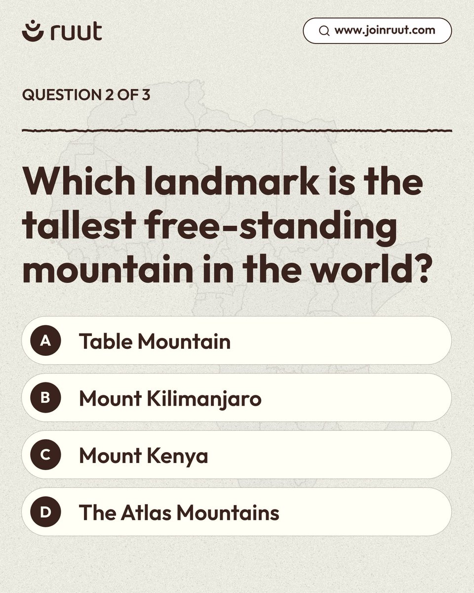 joinruut's tweet photo. Think you know Africa? Let's find out!
----------------------------------
Vous pensez connaître l'Afrique ? Voyons voir ! 

#jointhecommunity #commentbelow #africancommunity #questionoftheday #communitytalk https://t.co/dnWSU1KZiY