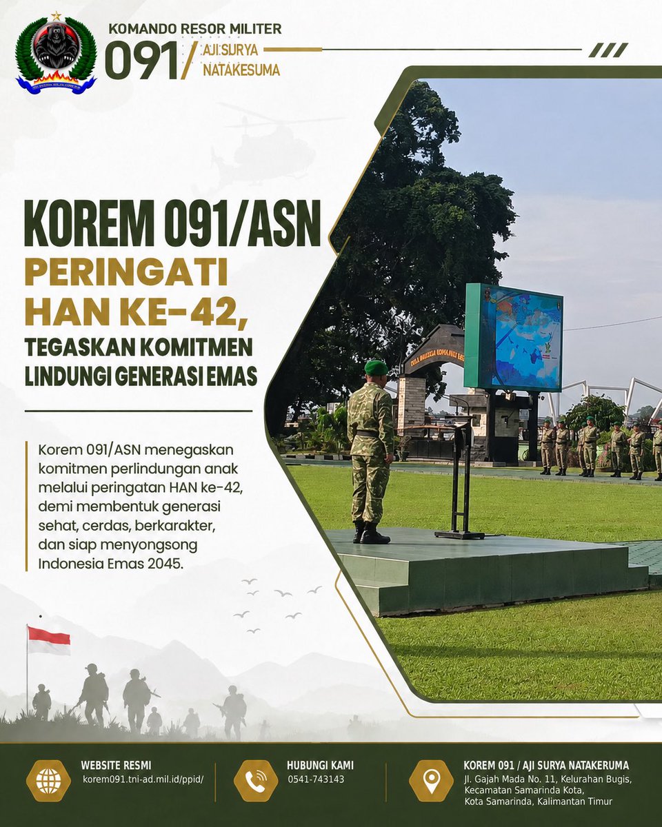 korem091asn's tweet photo. Korem 091/ASN memperingati HAN ke-42 Tahun 2026 dengan semangat “Sayang Anak, Lindungi dan Bangun Masa Depan”. Momentum ini menegaskan komitmen melindungi hak anak serta membentuk generasi sehat, cerdas, dan berkarakter menuju Indonesia Emas 2045.

#Korem091ASN #HAN2026 https://t.co/dUzbs4hOqa