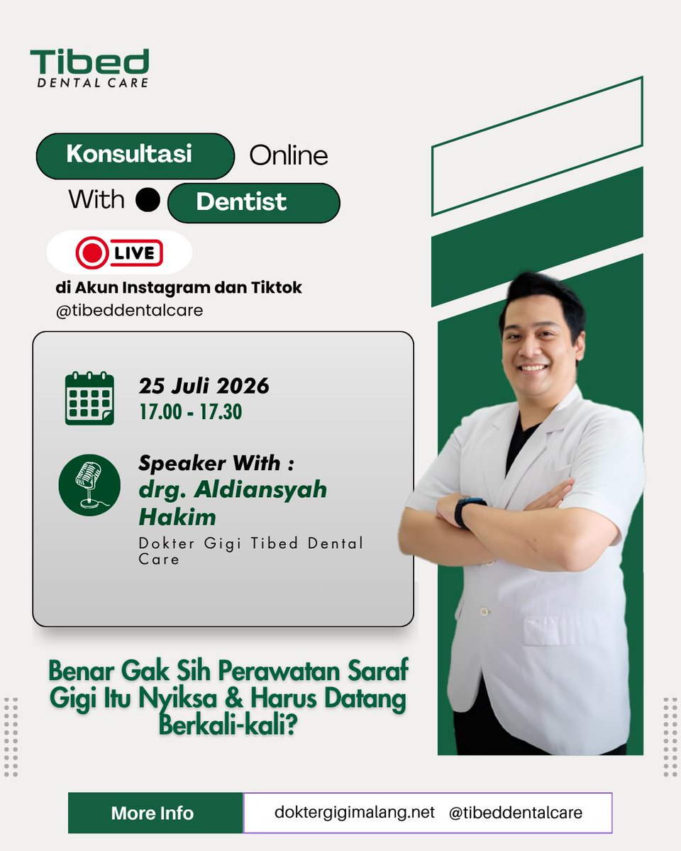 CareTibed's tweet photo. Bismillah...
Baru denger kata “Perawatan Saraf Gigi” aja udah kebayang sakitnya dan malas harus bolak-balik klinik?😩

Tapi... beneran menyiksa dan se-repot itu gak sih?
Biar gak cuma menebak-nebak, dan dapet gambaran yang jelas, yuk dengerin penjelasannya langsung di Live Tibed https://t.co/JqnlCBrVJn