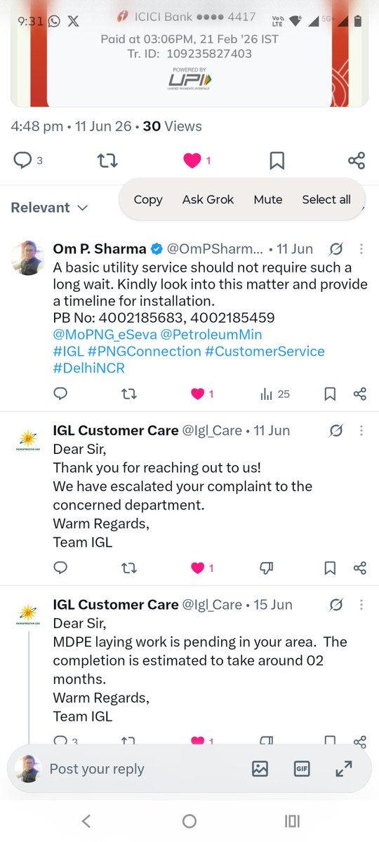 OmPSharma7's tweet photo. Dear IGL Team, @Igl_Care @MoPNG_eSeva
@PNGconnection 
(Ref.BP number:4002185683, 4002185459)
It's been over a year since I applied for an IGL connection. On 15 June 2026, your team replied that the MCPE laying work in my area was pending and would be completed within 2 months.

Now, almost 2 months have passed, but there is still no update and no work has even started. Getting an IGL connection in Delhi seems far more difficult than expected.

Kindly provide a clear timeline and expedite the process. @IGLSocial