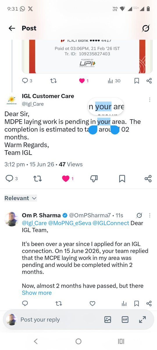 OmPSharma7's tweet photo. Dear IGL Team, @Igl_Care @MoPNG_eSeva
@PNGconnection 
(Ref.BP number:4002185683, 4002185459)
It's been over a year since I applied for an IGL connection. On 15 June 2026, your team replied that the MCPE laying work in my area was pending and would be completed within 2 months.

Now, almost 2 months have passed, but there is still no update and no work has even started. Getting an IGL connection in Delhi seems far more difficult than expected.

Kindly provide a clear timeline and expedite the process. @IGLSocial