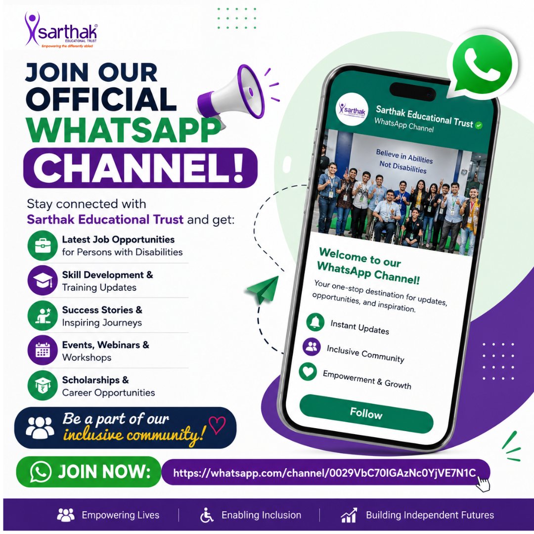 SarthakEducati2's tweet photo. Join the official WhatsApp Channel of Sarthak Educational Trust
π
Events, Webinars & Success Stories
π’ Scholarships and Important Announcements
Stay informed. Stay connected. Build your future with us! π
https://t.co/m4w8CiNWfO
#JobsForPwDs #SkillDevelopment #Employment https://t.co/ZUKQfP2QR5