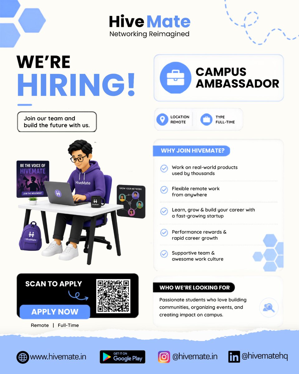 Hivematehq's tweet photo. 🚀 We're hiring Campus Ambassadors!

Represent HiveMate at your college and gain: 

✅ Startup experience 
✅ Leadership skills 
✅ Certificate 
✅ Performance-based goodies 
✅ Networking opportunities 

📅 Interviews are TOMORROW.
Register now: 
https://t.co/jxZLkCFwXy https://t.co/xl9OuUiJZt