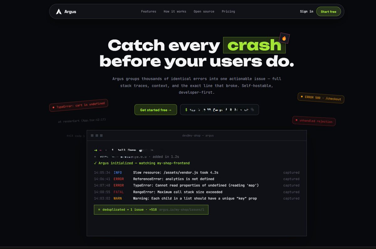 Oluwatobicodes's tweet photo. Today I'm launching Argus;  a self-hosted, open-source alternative to Sentry.

link: https://t.co/1kuDrx11co

docs: https://t.co/Ul297kuzVe

hosted on @pxxl_space 
payments handled @bachs_hq https://t.co/yNqTJNJg0J