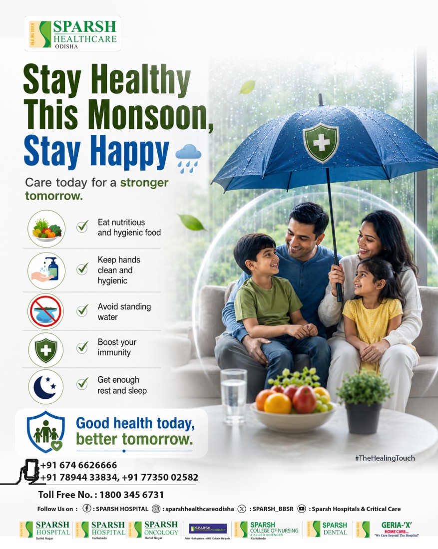 SPARSH_BBSR's tweet photo. Rain brings relief but also health risks, such as waterborne infections &amp; flu. 🌧️
Take simple precautions &amp; stay safe this monsoon! 💚
For any concerns, we're just a call away.

#SparshHospitals #MonsoonHealthTips #StaySafeStayHealthy https://t.co/jdxXQuxxZ6