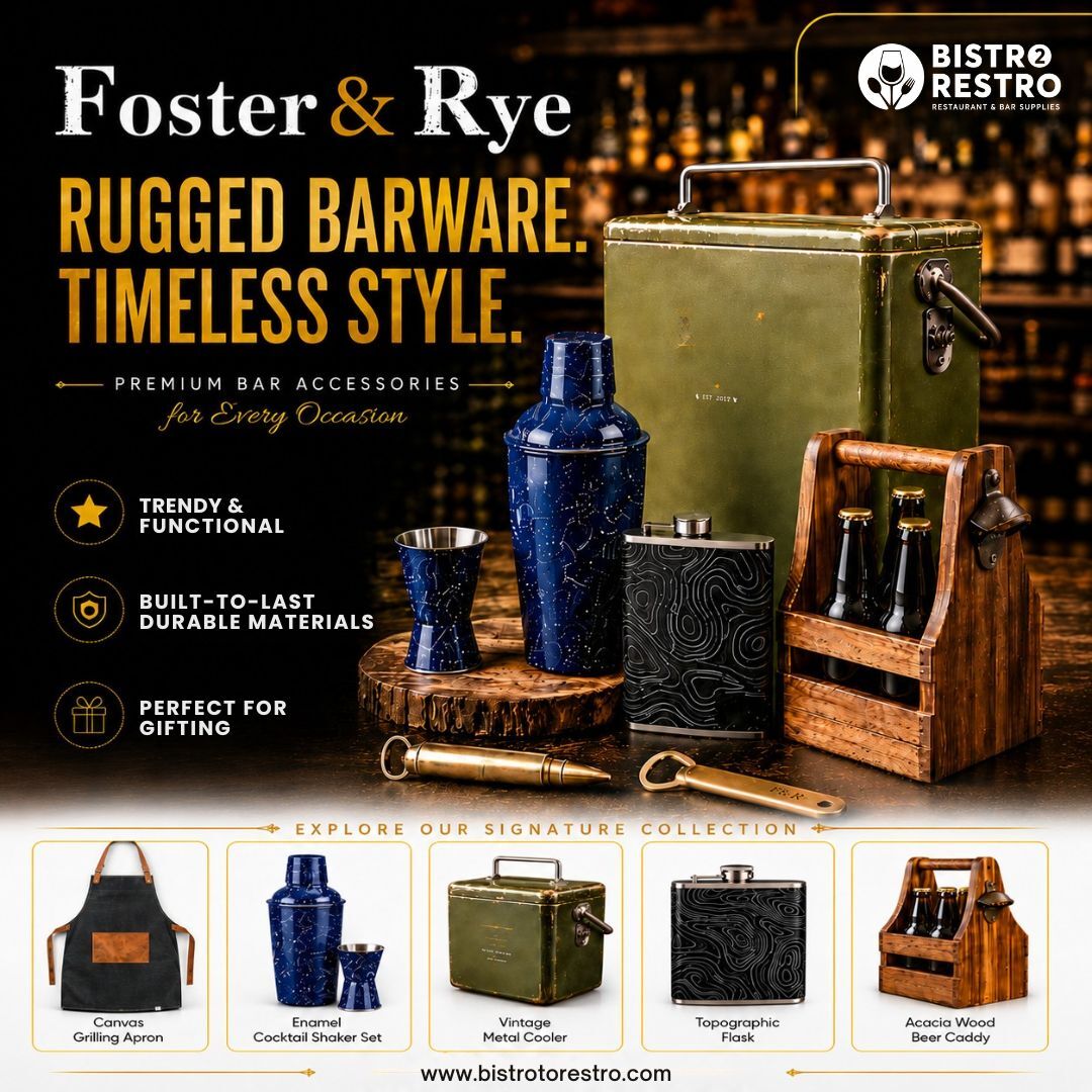 BistrotoRestro's tweet photo. Bring timeless elegance to your home bar with premium Foster &amp; Rye barware accessories crafted for durability and style.

Explore cocktail accessories, flasks &amp; beer caddies with #BistroToRestro.

Shop now: https://t.co/4mRYzHtOhC

#FosterAndRye #PremiumBarware #BarEssentials https://t.co/ZBIeIdxZdc