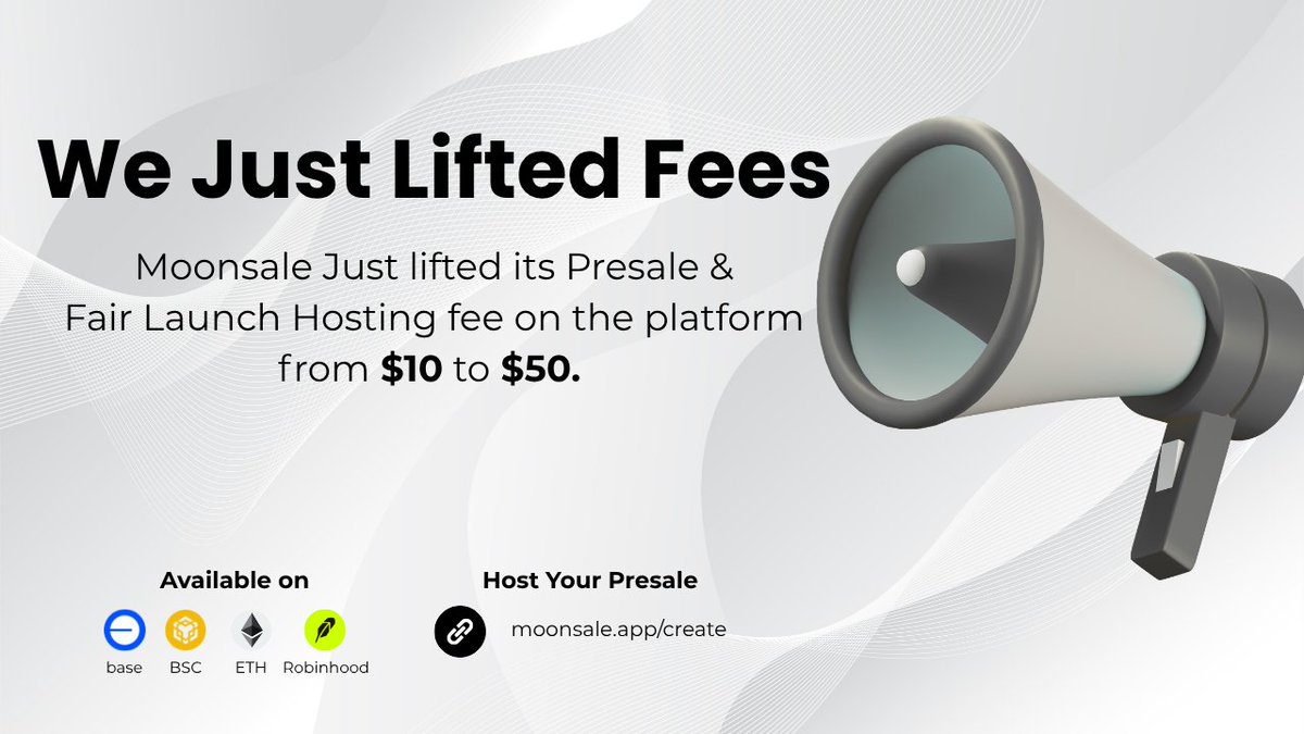 Moonsaleapp's tweet photo. 📢 Launch fee update

Our Presale & Fair Launch hosting fee is now $50.

This is still a limited-time offer. After July 31, the fee returns to its standard $100.

If you've been waiting for the right time to launch your project, this is your opportunity to save while getting access to MoonSale's audited launch infrastructure.

🌙 Launch today: https://t.co/XmaP1XRoMq