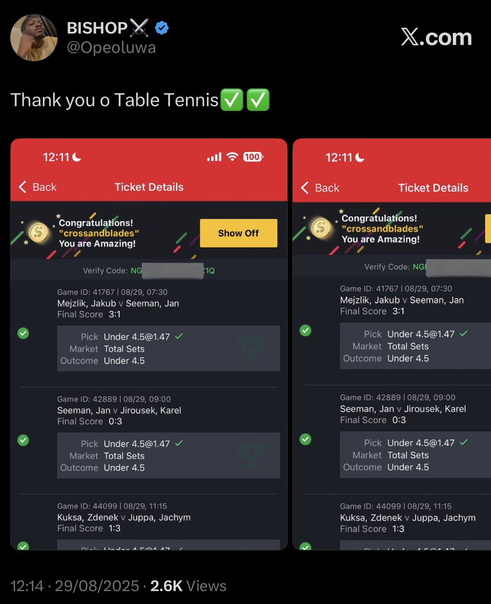 Opeoluwa's tweet photo. I don dey play TT ke, be like you no know who bring TT come before. 

On my former X account, na 1x we dey play am then wey dem no dey allow accumulation of more than 3 games as at 2022/23

I do not like posting the sport because it's too volatile. https://t.co/5SS2IB5yOp