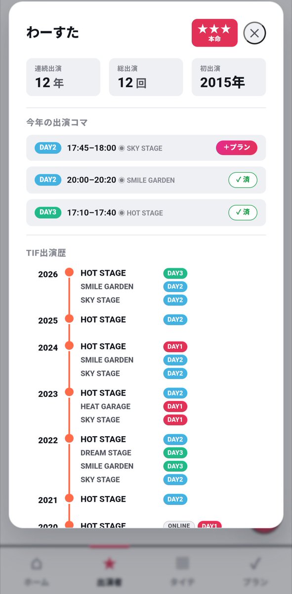 hachiouji_jun's tweet photo. @TIP_TIF_staff TIF2026の「自分のタイテ」を作れる無料アプリ作りました！
推しをチェックするとタイテ上で強調表示、行きたいグループを選んでプランを作るとステージ間の移動が間に合うか自動判定。友達のプランと比較したり、タイテをXでシェアしてTIFを楽しめます！
https://t.co/nnSUWfrAzd
#TIF2026 #TIFナビ https://t.co/Dw1fyEf7CC