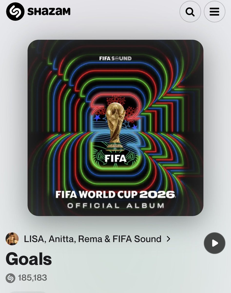 LiliesHome_'s tweet photo. 🧿 SHAZAM DAILY | LISA’S TRACK 🎧

Shazaming on repeat🔁

🎯Target 200,000 shazams
🔗 https://t.co/vOa19GmFc2

@wearelloud @FIFAWorldCup 

GOALS OUT NOW
#LISAxGOALSxFIFA 
#LISAxANITTAxREMA
🧁⚽️ https://t.co/mcsggaMkNy